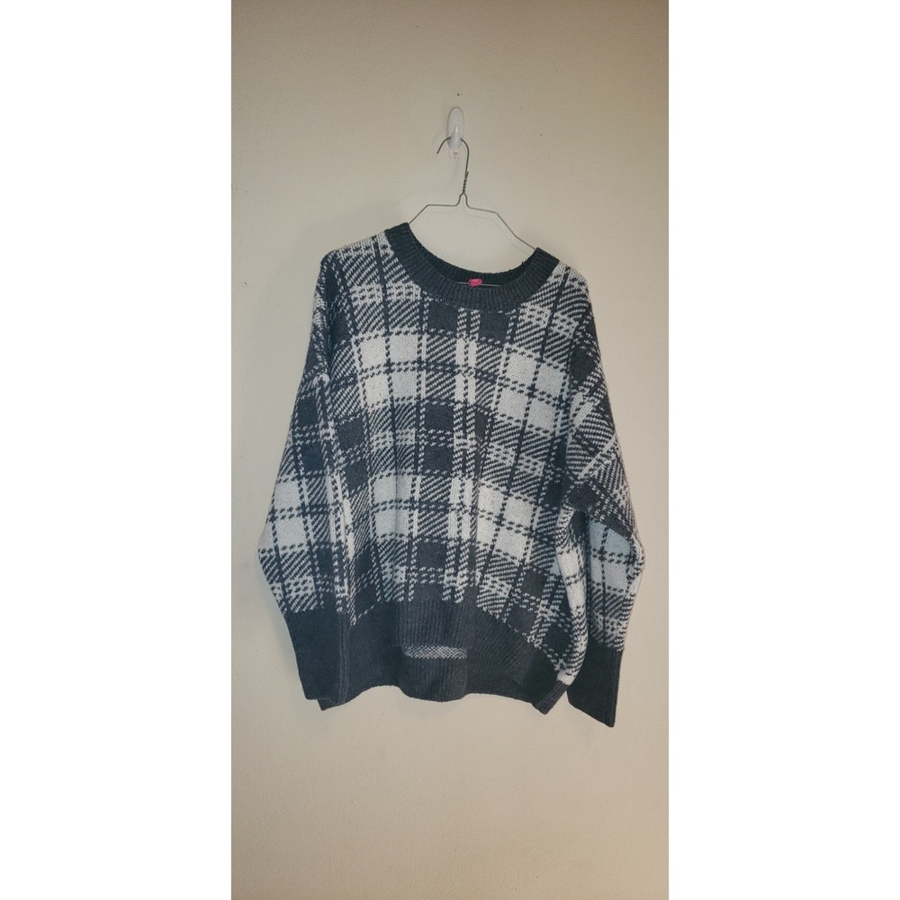 Vince Camuto Gray White Plaid Oversized Crewneck Knit Sweater Large